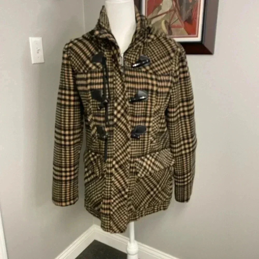 Urban Republic Houndstooth Black and Brown Jacket Toggle Zipper Size Large Hood